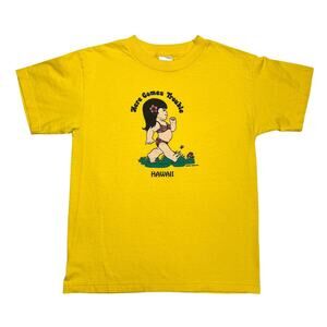 Vintage 90s Here Comes Trouble Hawaii T-Shirt Yellow Youth L Happy Shirts Inc.